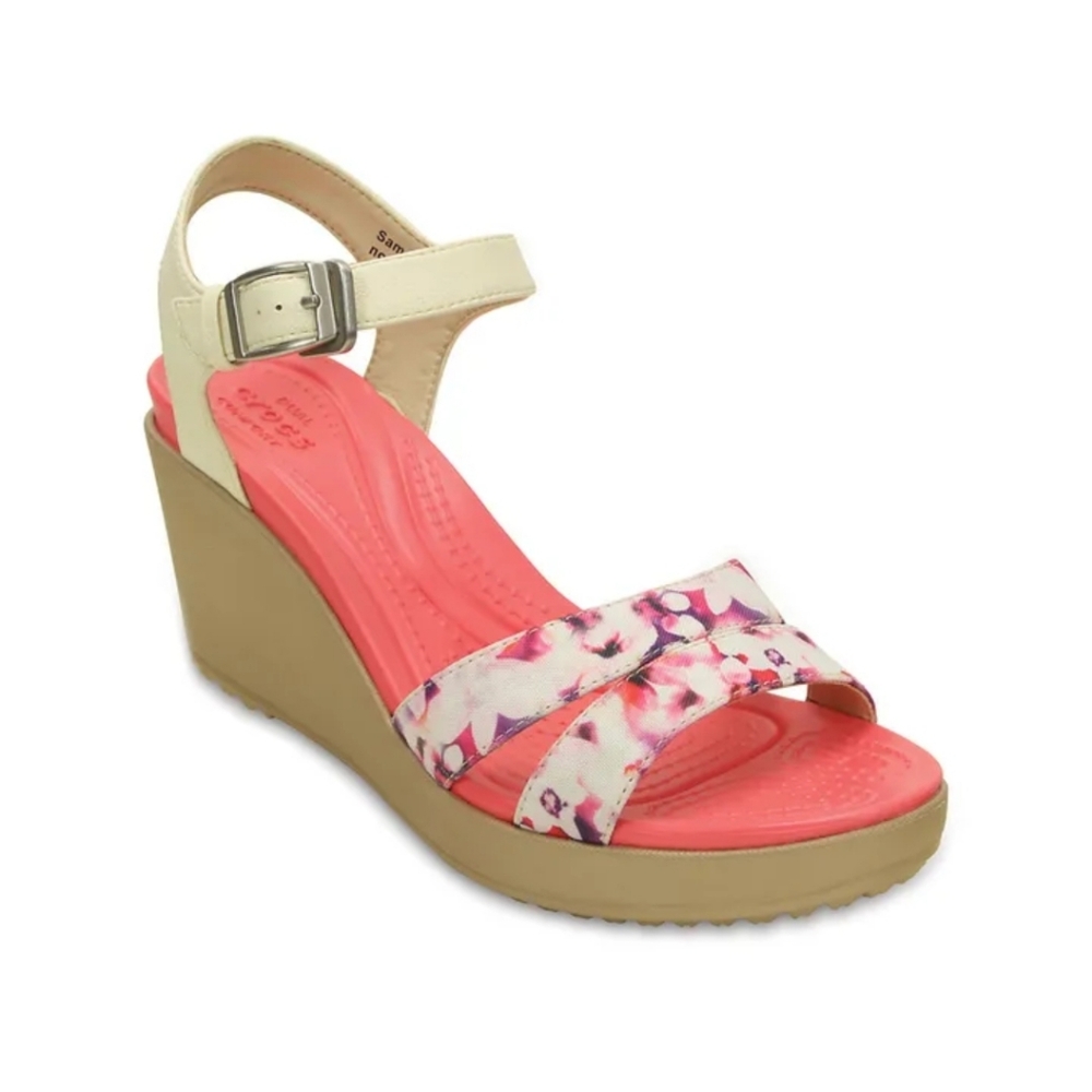 CROCS A-Leigh Beige Floral Summer Resort Beach Wedges Tan Sandals - Women's